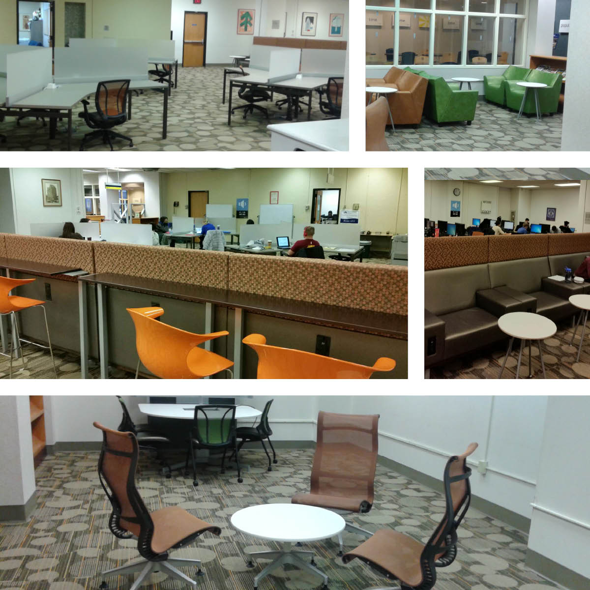 A collage of 6 images of upgrades made in Hahnemann Library. Top: new desks and new chairs, middle: new 'bar'seating and hightop chairs; Bottom: new group or solo study chairs and tables